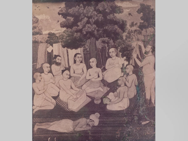 Painting of Sri Chaitanya with his associates and Raja Prataprudra. Painted as seen under the instruction of Raja Prataprudra,